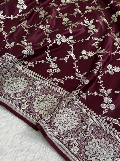 Garnet Satin Kataan Silk Banarasi Saree Heavy Jaal Design