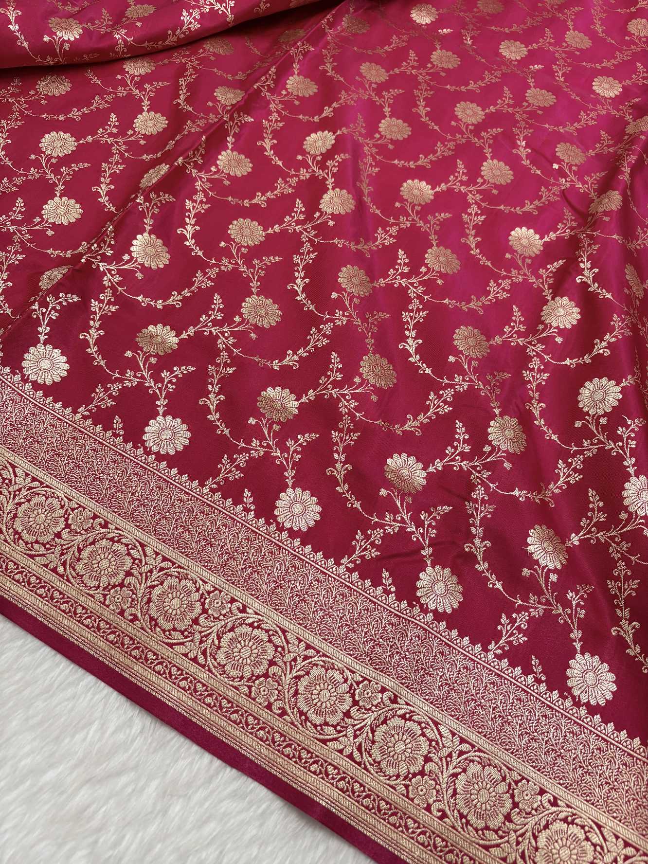Rani Pink Satin Silk Banarasi Saree with Golden Zari Floral Bel Jaal