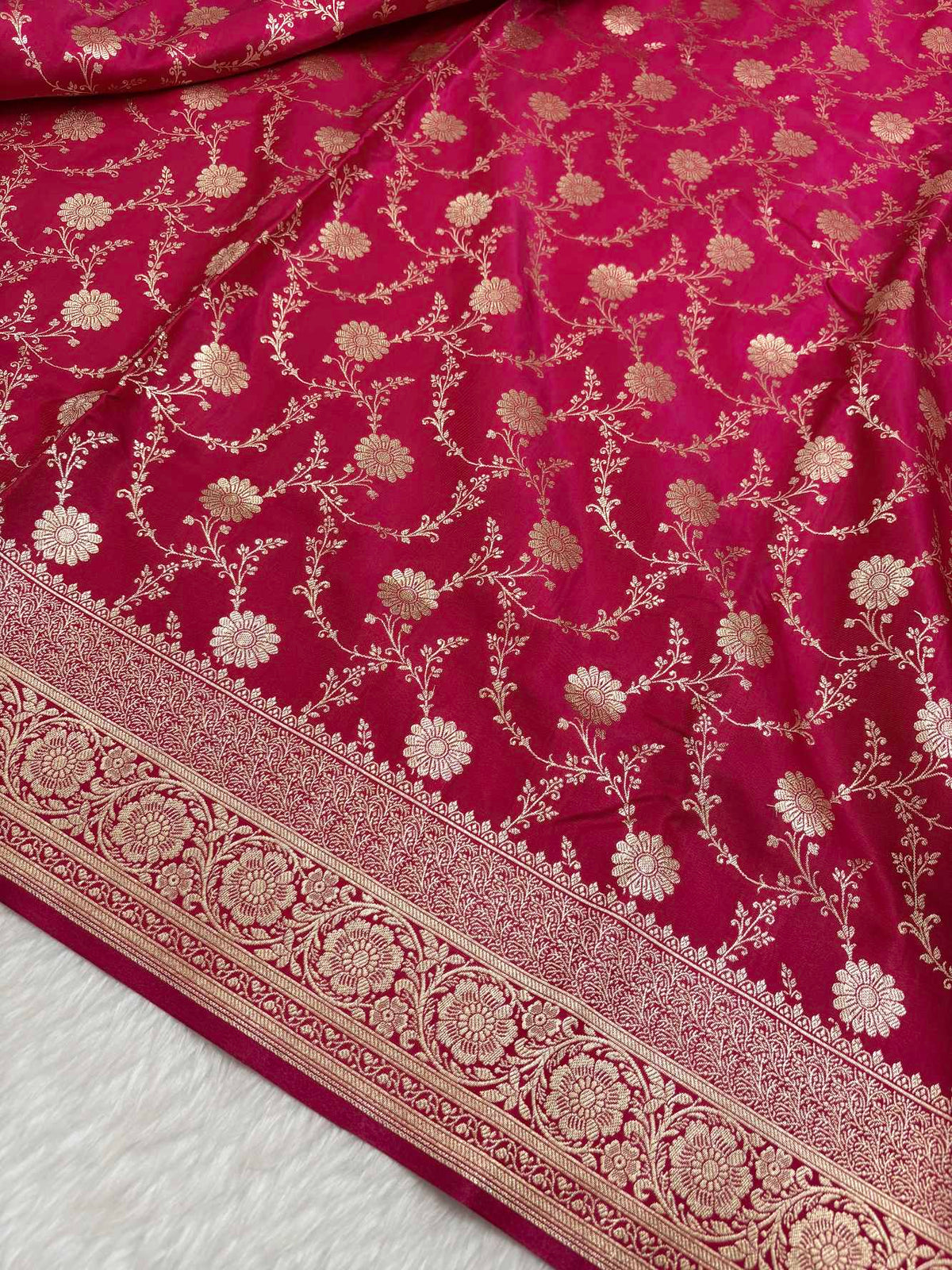 Rani Pink Satin Silk Banarasi Saree with Golden Zari Floral Bel Jaal