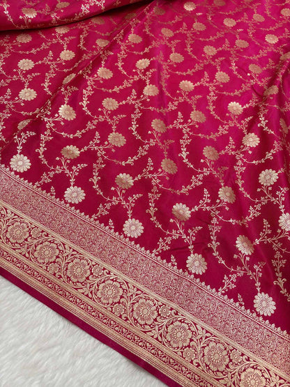 Rani Pink Satin Silk Banarasi Saree with Golden Zari Floral Bel Jaal