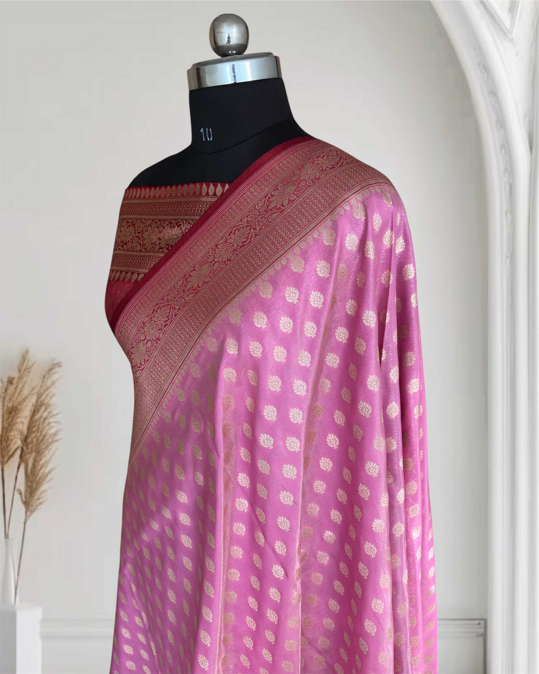 Pink & Maroon Motif Satin Silk Banarasi Saree