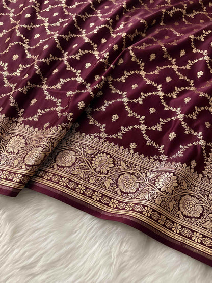 Brown Katan Silk Banarasi Saree Chaukri Jaal