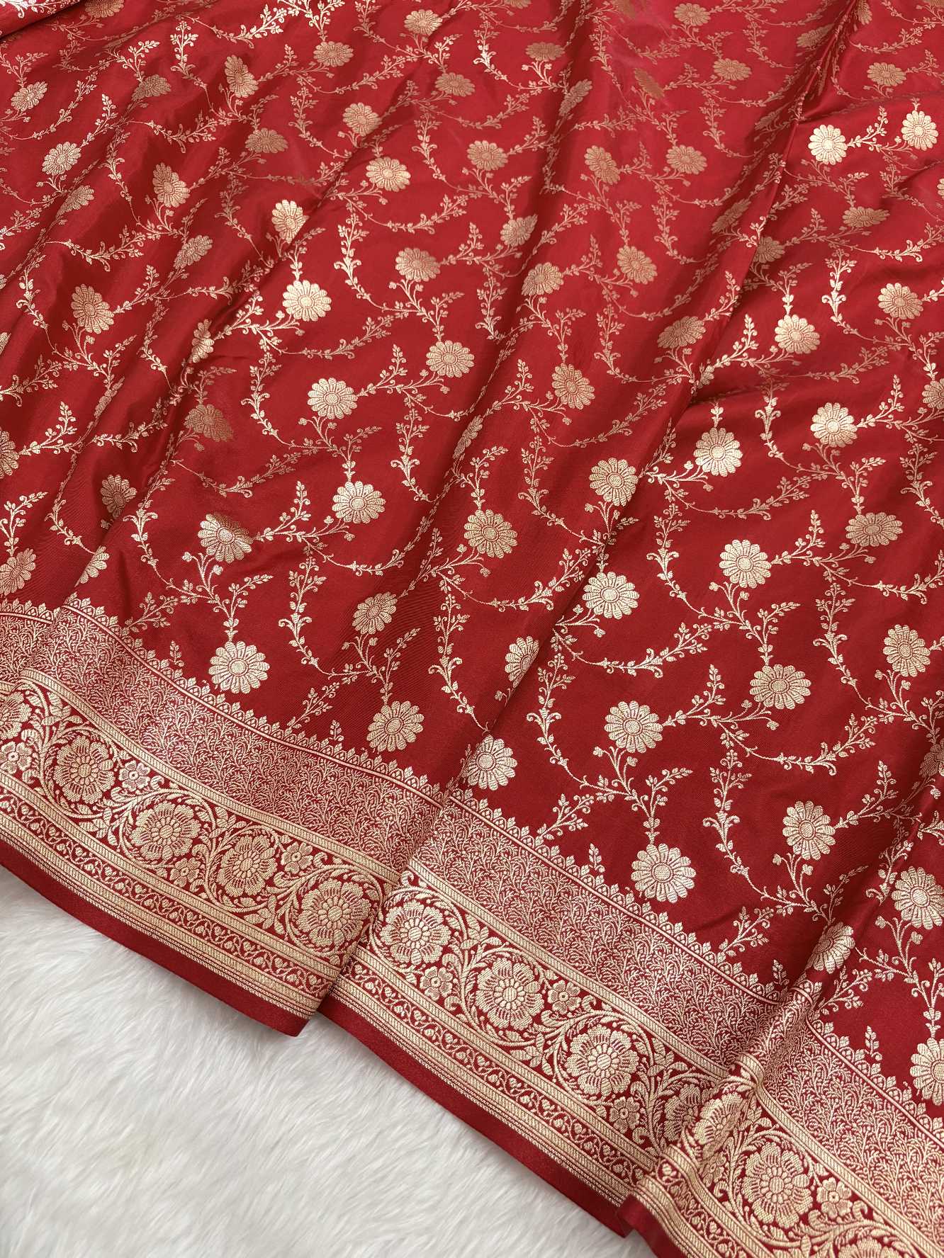 Red Satin Silk Banarasi Saree with Golden Zari Floral Bel Jaal