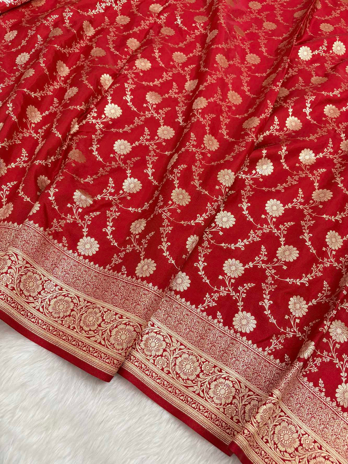 Red Satin Silk Banarasi Saree with Golden Zari Floral Bel Jaal