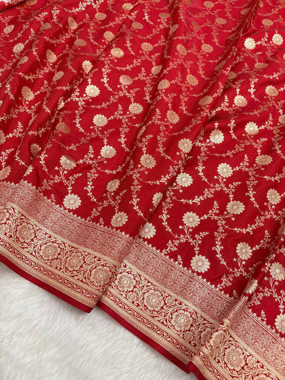 Red Satin Silk Banarasi Saree with Golden Zari Floral Bel Jaal