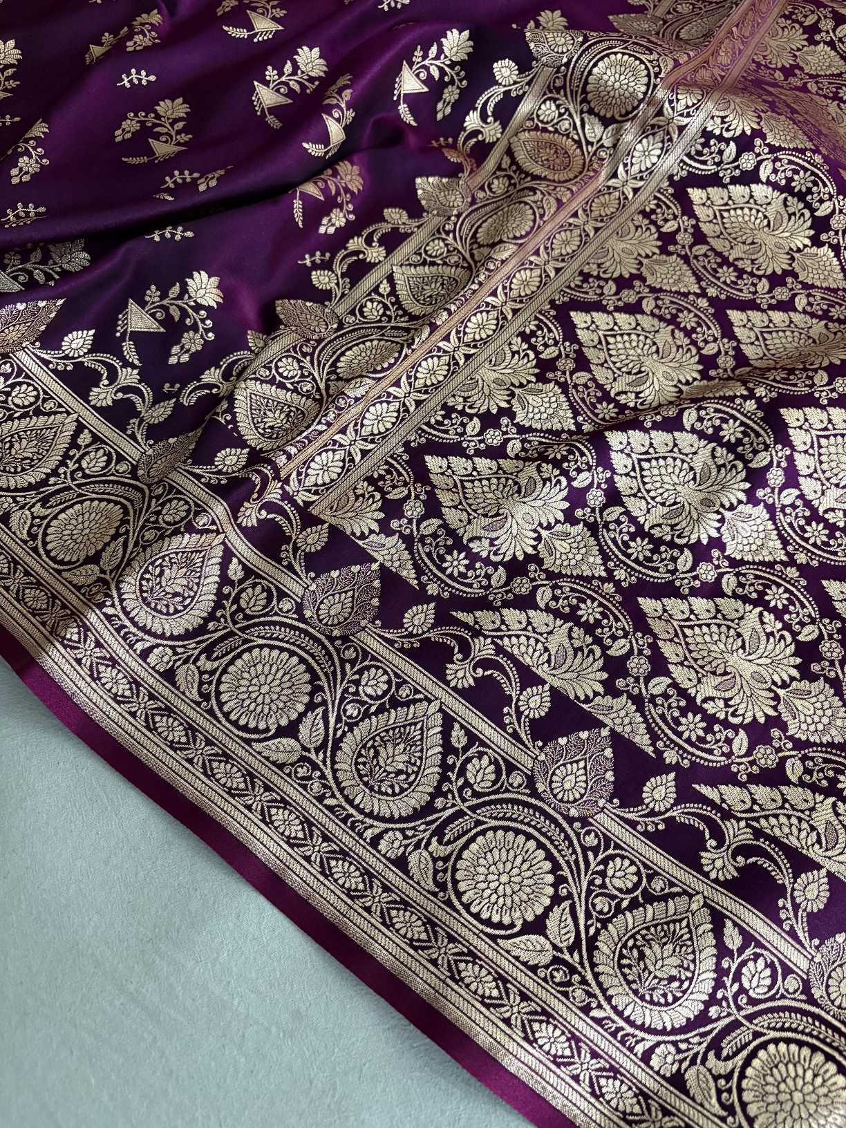Wine Shaded Fancy Motif Satin Silk Banarasi Saree
