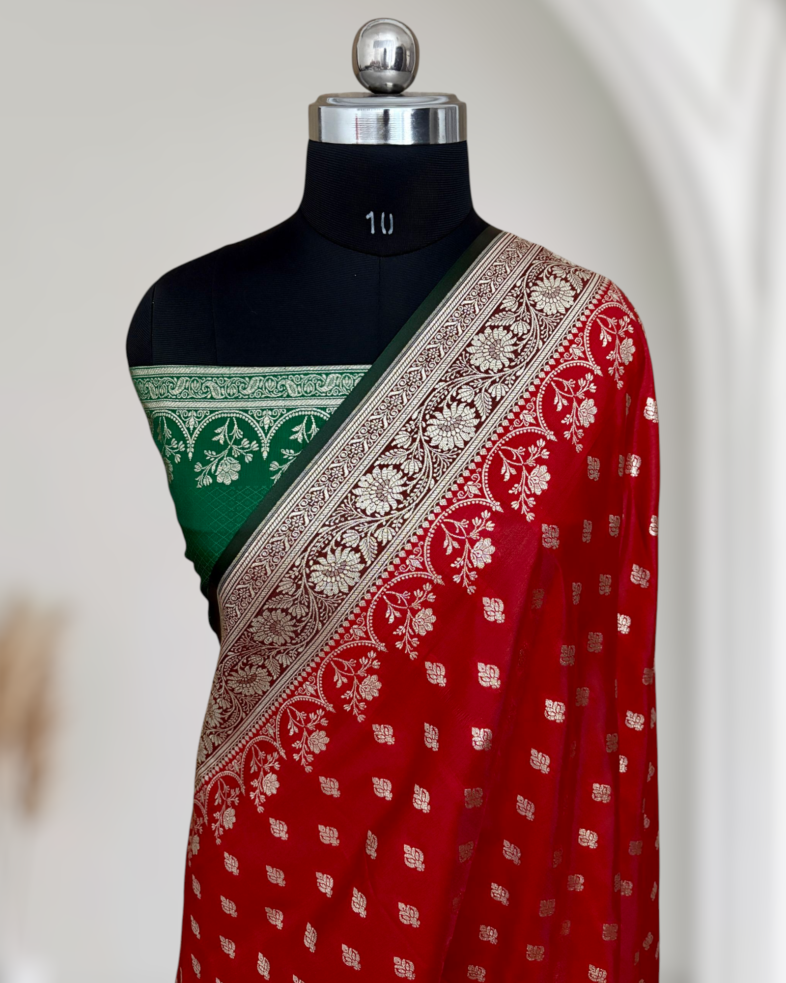 Red with Green Pallu & Border Satin Silk Banarasi Saree