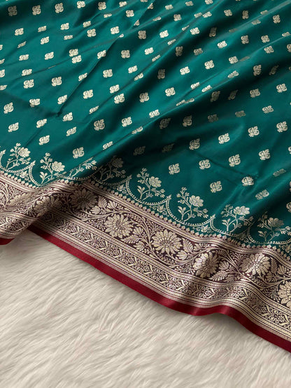 Rama Green & Red Buti Satin Silk Banarasi Saree