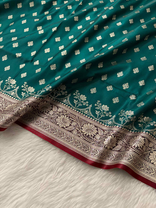 Rama Green & Red Buti Satin Silk Banarasi Saree