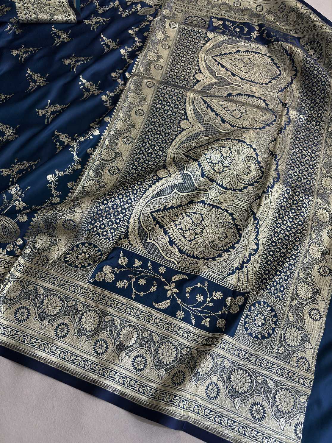 Neavy Blue Soft Kataan Silk Banarasi Saree Light Gold Work