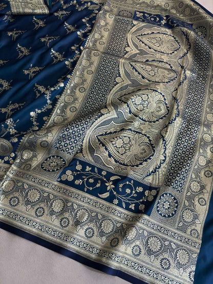 Neavy Blue Soft Kataan Silk Banarasi Saree Light Gold Work