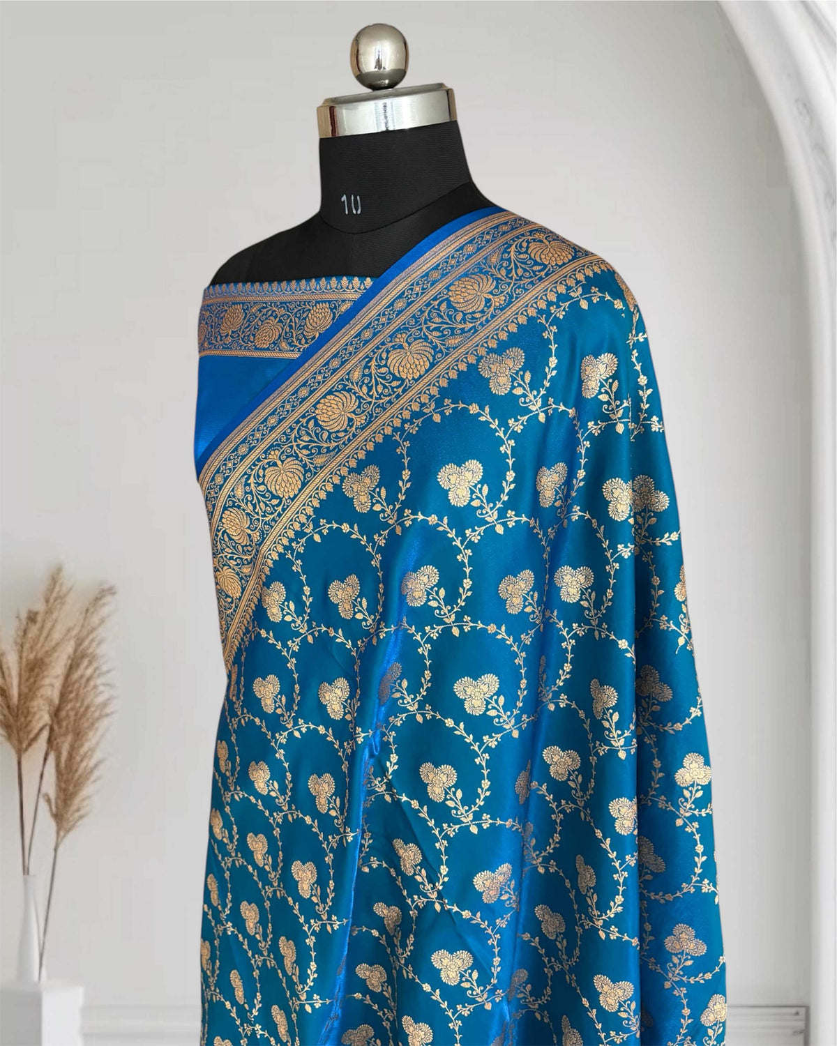 Satin Silk Saree Banarasi Jaal in Firozi Shades