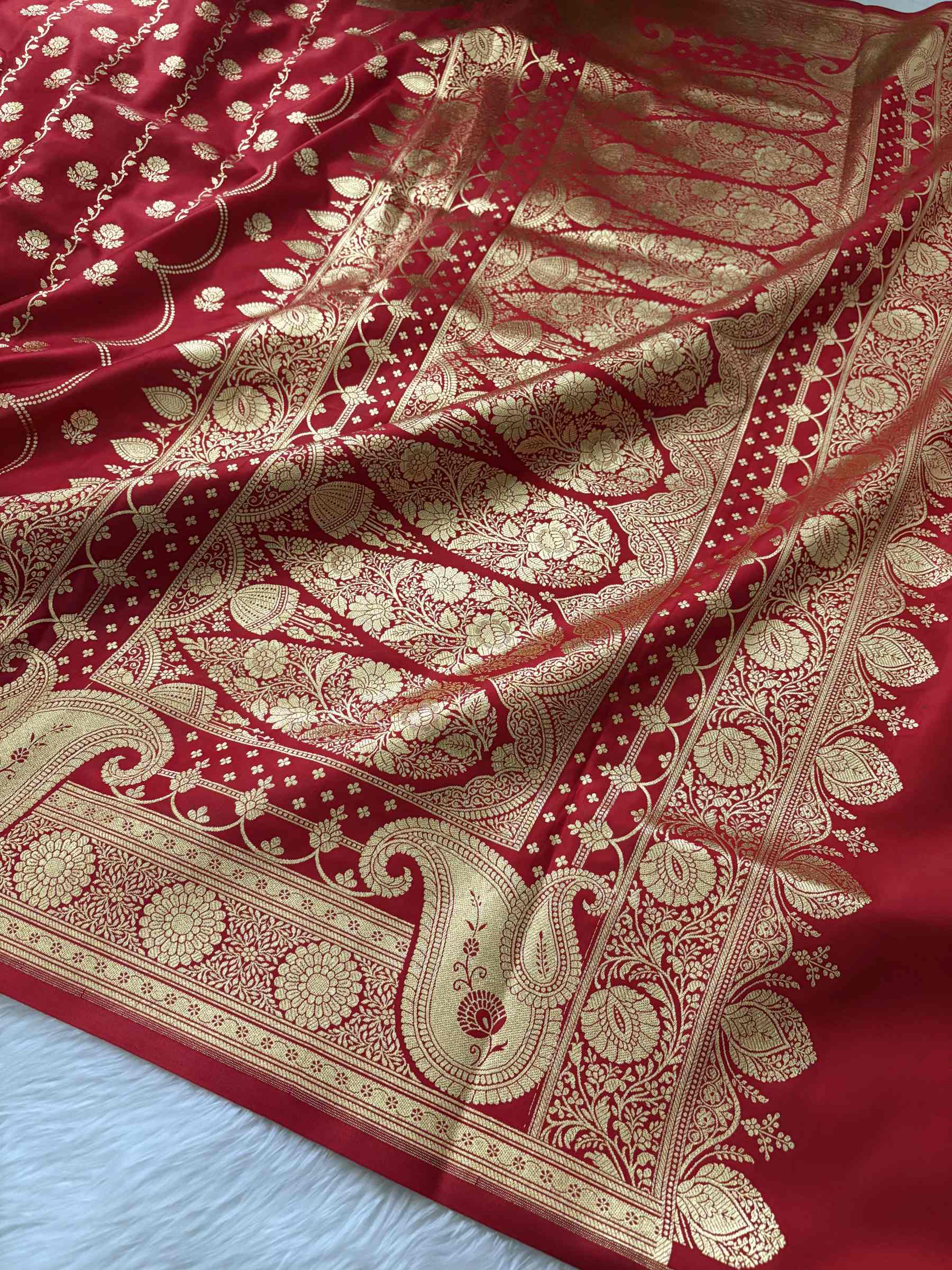 Red Araa Jaal Satin Silk Banarasi saree