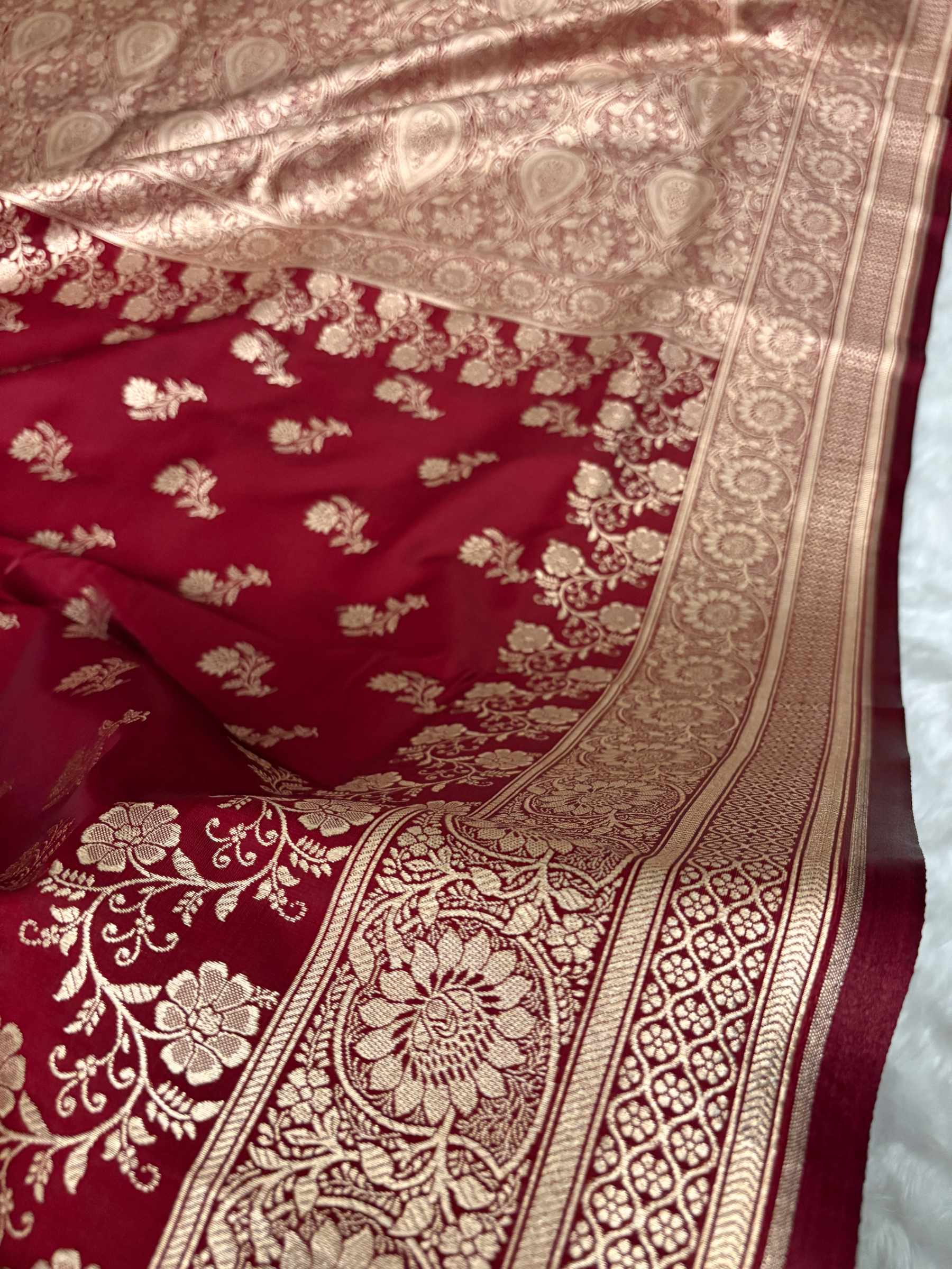 Maroon with Golden Zari Work and Rose Buti Design Satin Silk Banarasi Saree