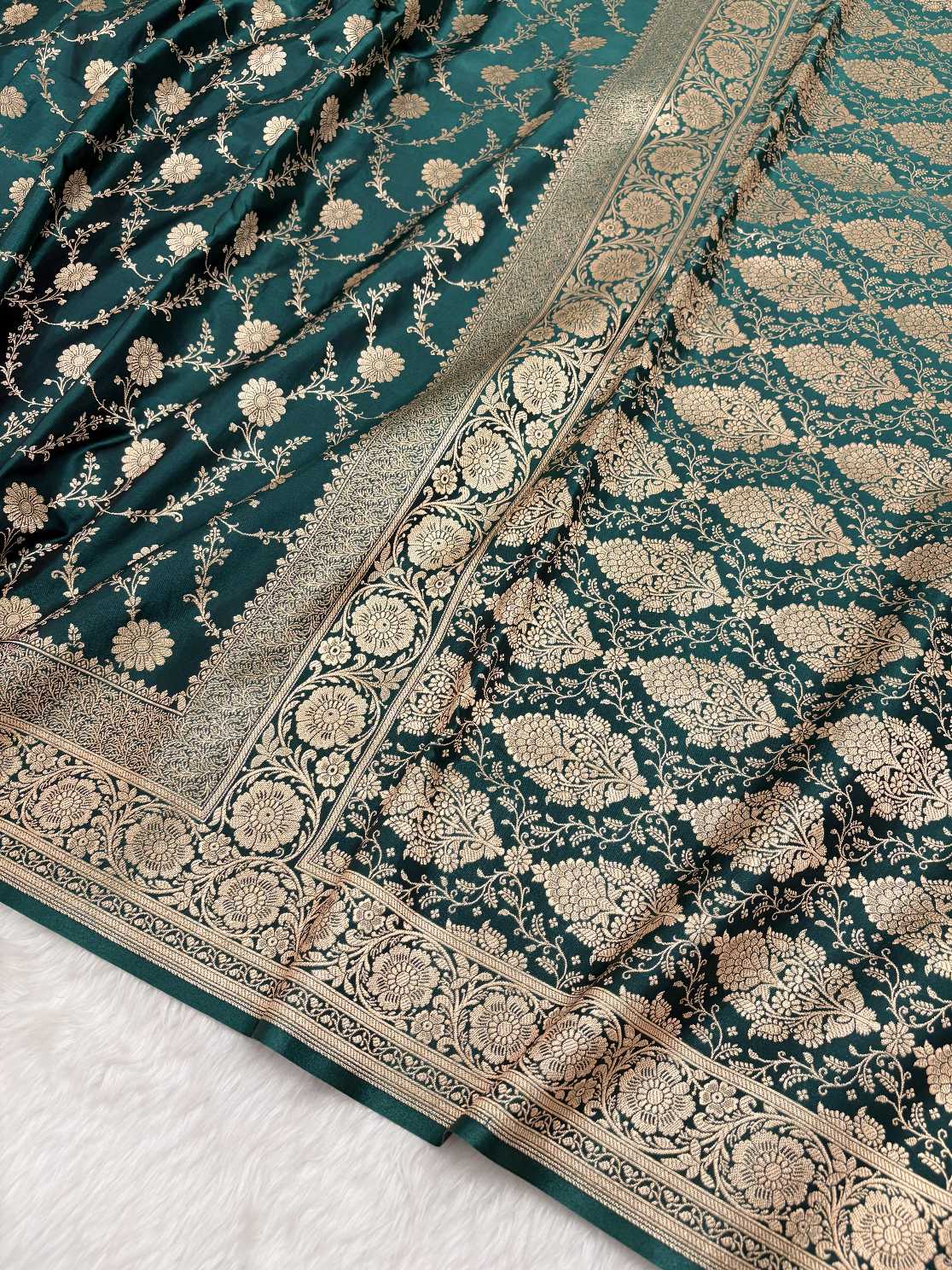 Teal Green Satin Silk Banarasi Saree with Golden Zari Floral Bel Jaal