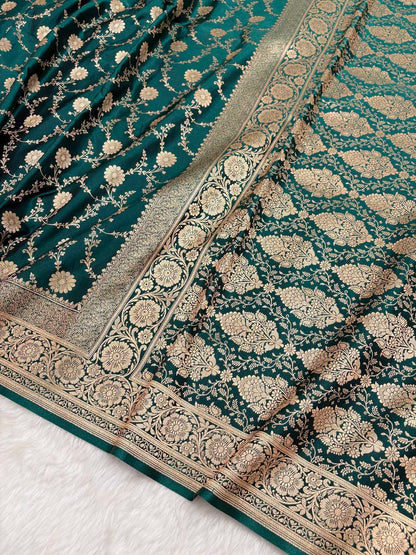 Teal Green Satin Silk Banarasi Saree with Golden Zari Floral Bel Jaal