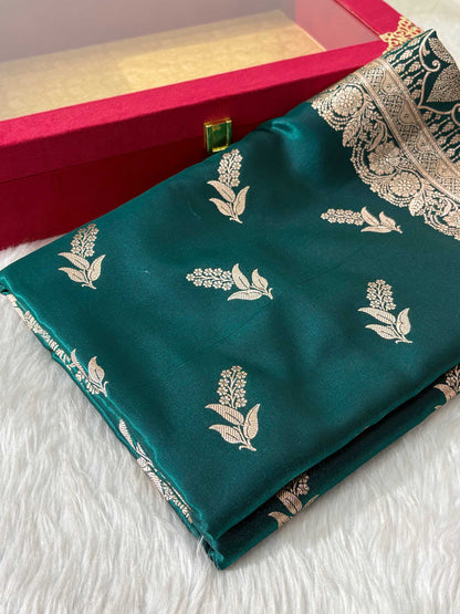 Phanki Motif Teal Green Satin Silk Banarasi Saree with Golden Zari