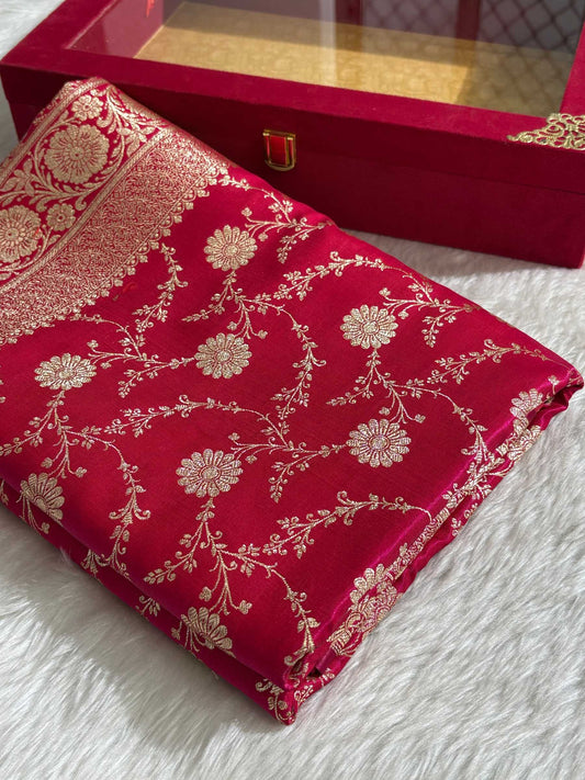 Rani Pink Satin Silk Banarasi Saree with Golden Zari Floral Bel Jaal
