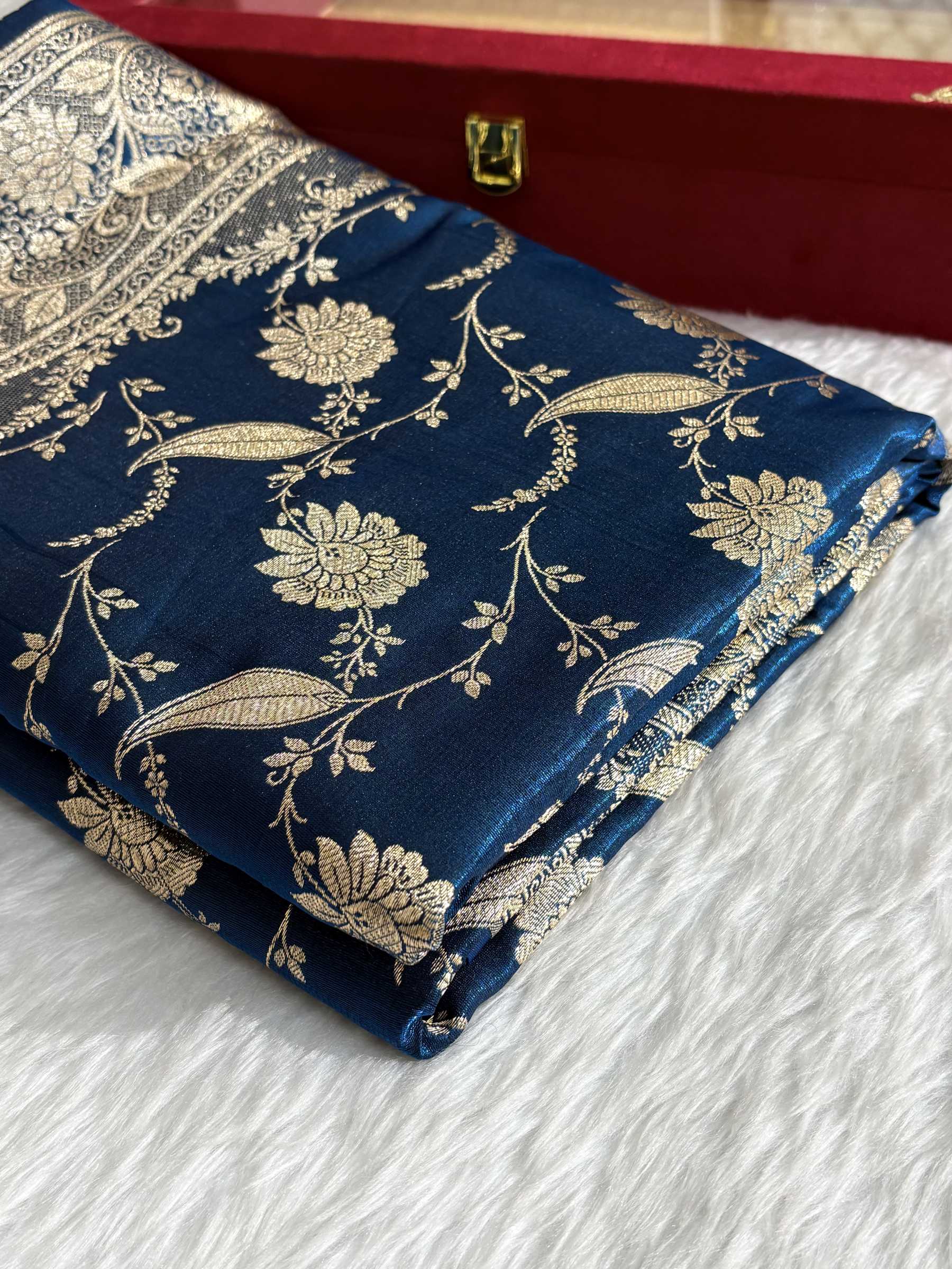 Teal Blue Satin Silk Banarasi Saree with Golden Zari Classic Jaal