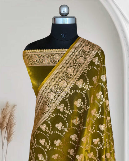 Satin Silk Saree Banarasi Jaal in Mehdi Shades