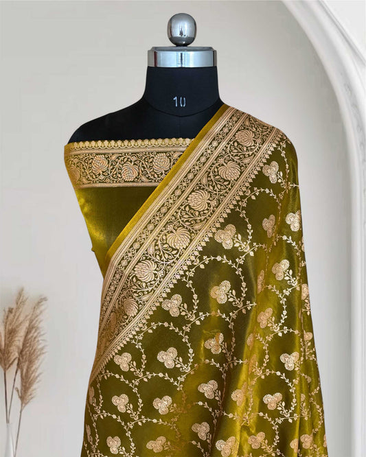 Satin Silk Saree Banarasi Jaal in Mehdi Shades