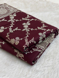 Garnet Satin Kataan Silk Banarasi Saree Heavy Jaal Design