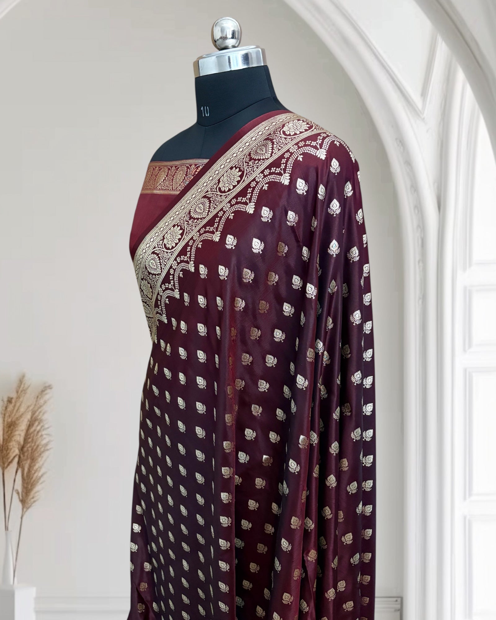 Dark Maroon Satin Silk Banarasi Saree