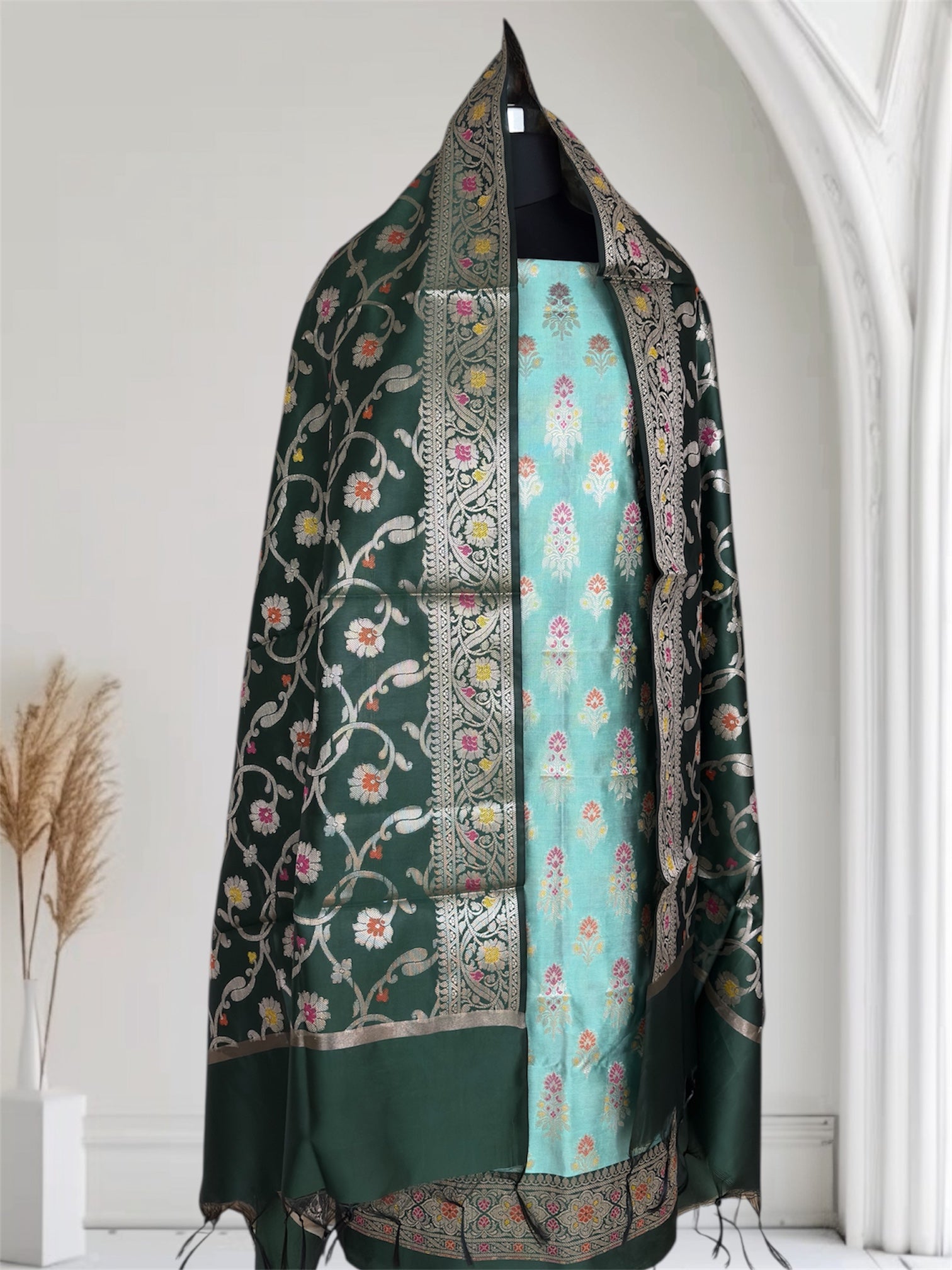 BottleGreen and SheGreen Satin Silk Banarasi Suit