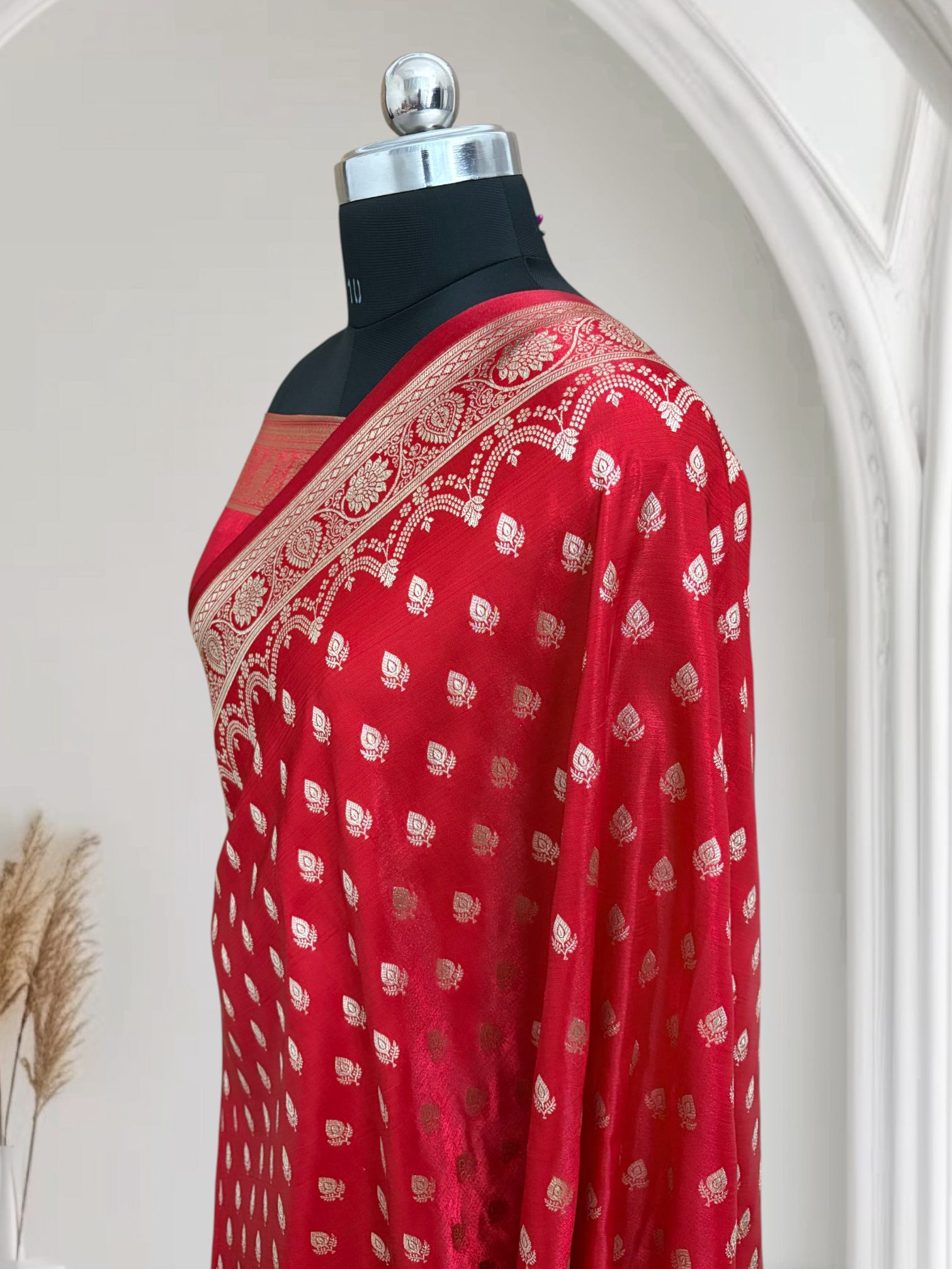 Red Satin Silk Banarasi Saree Motif Buti
