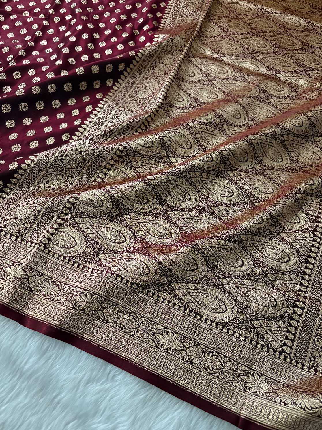 Dark Maroon Satin Silk Banarasi Motif Saree