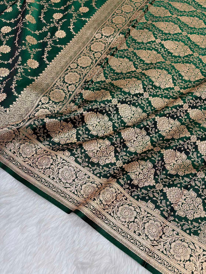 Botel Green Satin Silk Banarasi Saree with Golden Zari Floral Bel Jaal