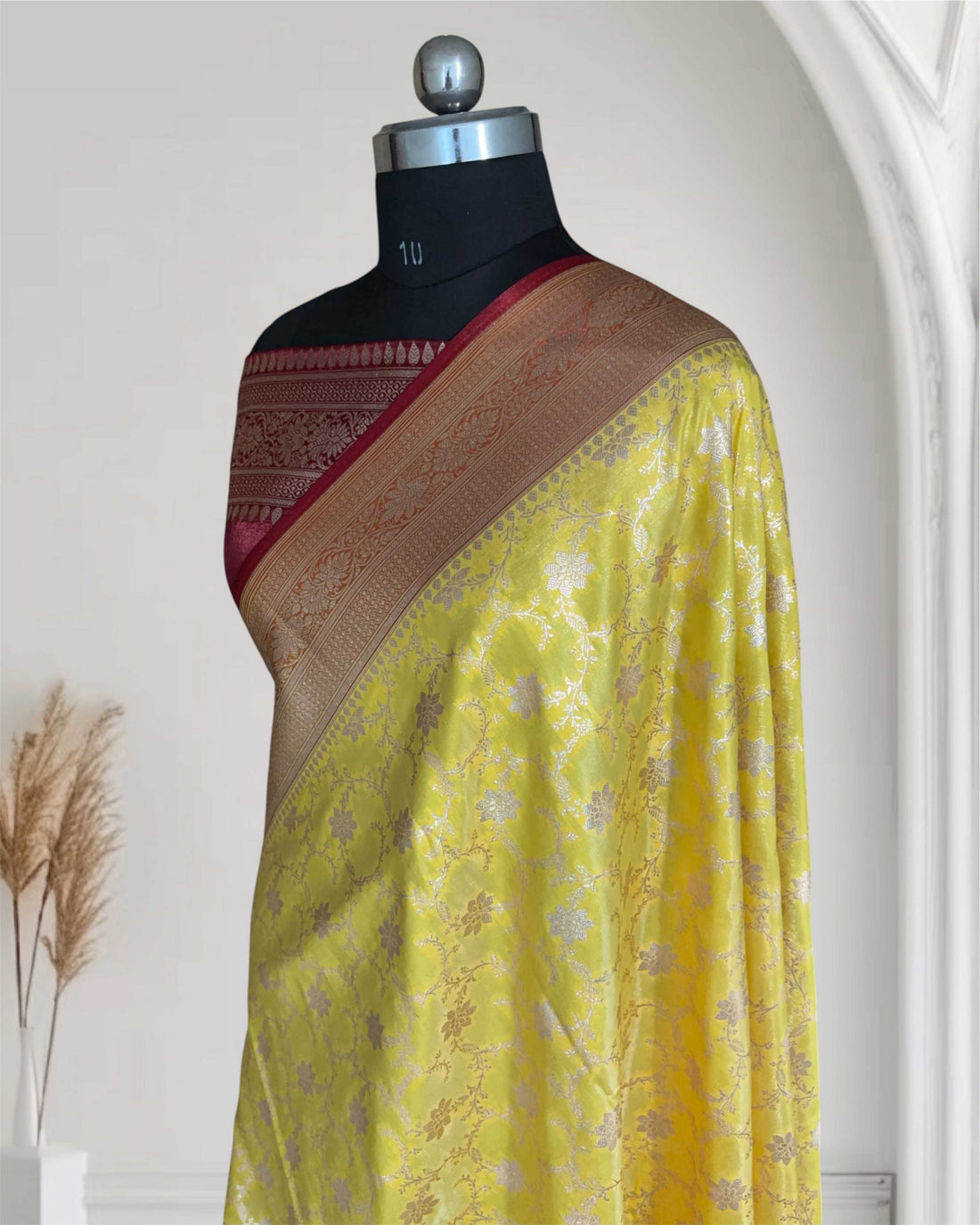 Yellow & Red Satin Silk Banarasi Saree Jaal Pttern