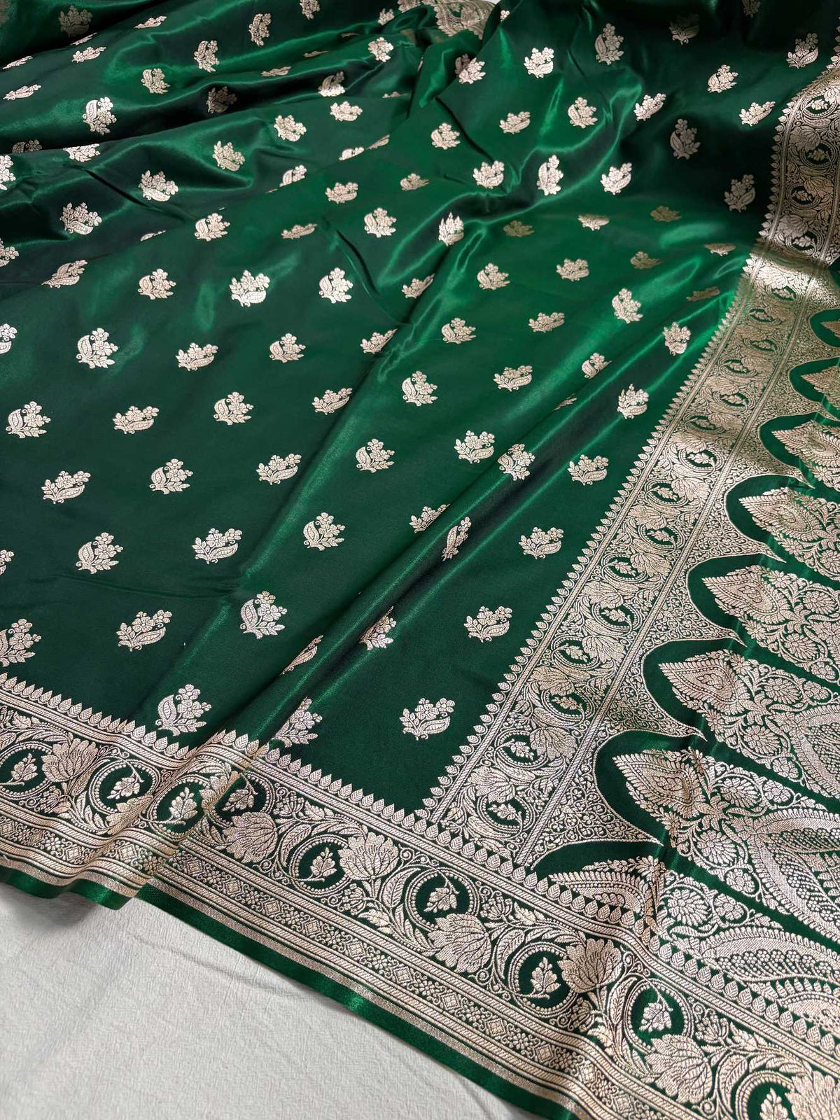 Botel Green Satin Silk Motif Banarasi Saree