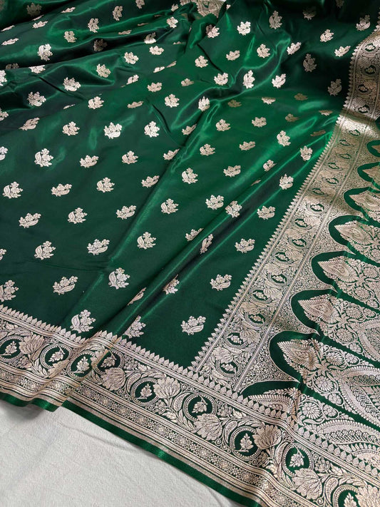 Botel Green Satin Silk Motif Banarasi Saree