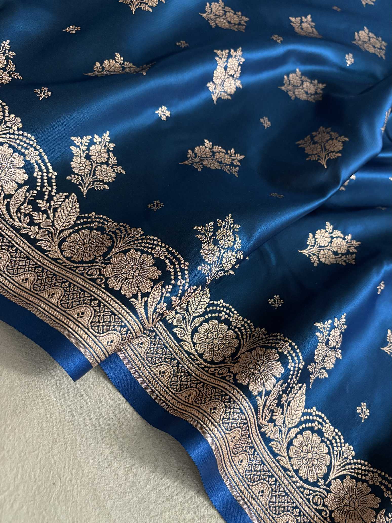 Teal Blue Satin Silk Saree Banarasi Motif