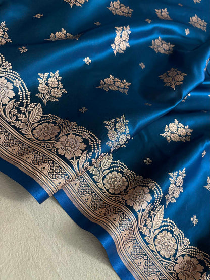 Teal Blue Satin Silk Saree Banarasi Motif