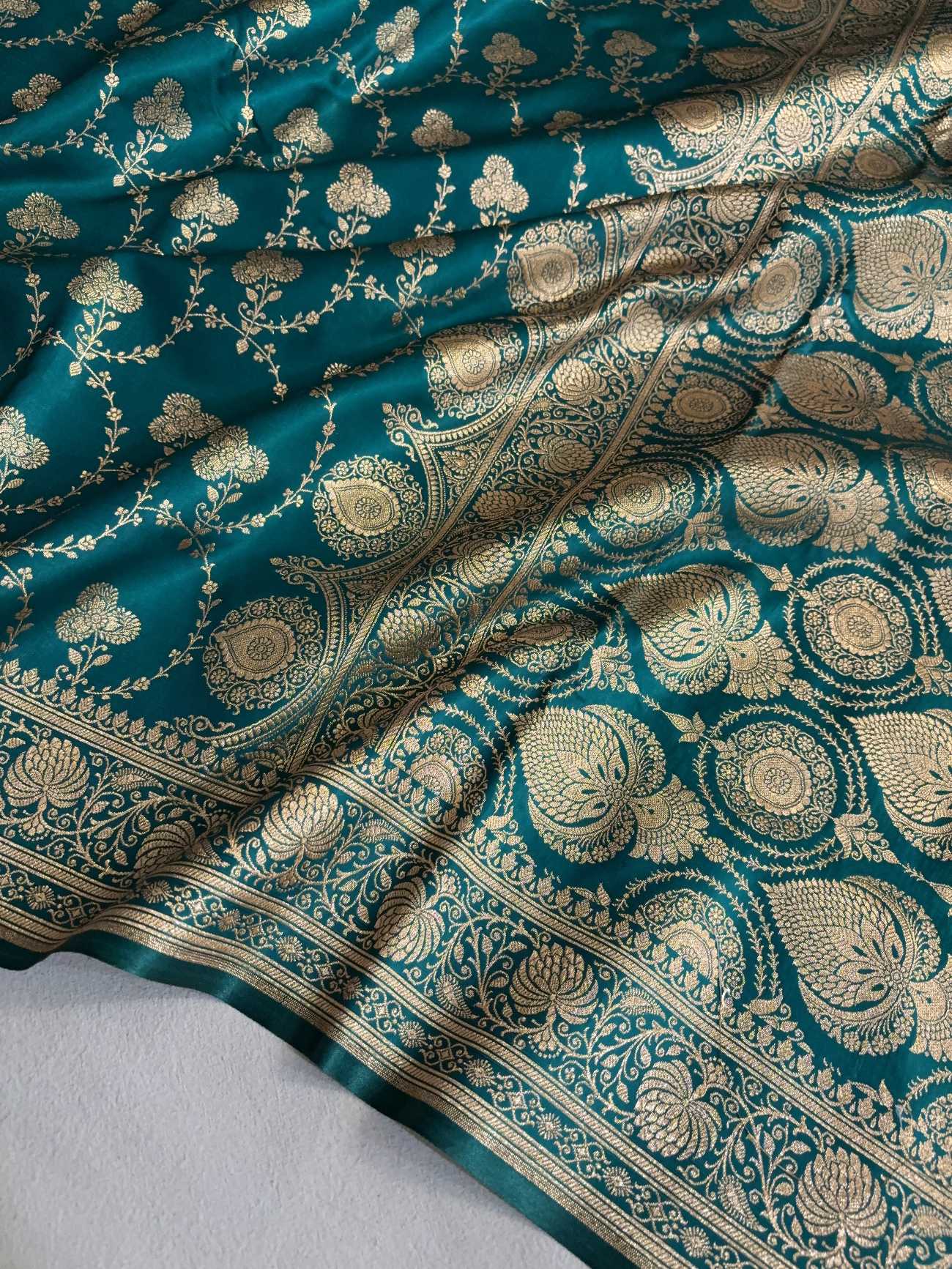 Satin Silk Saree Banarasi Jaal in Rama Green Shades