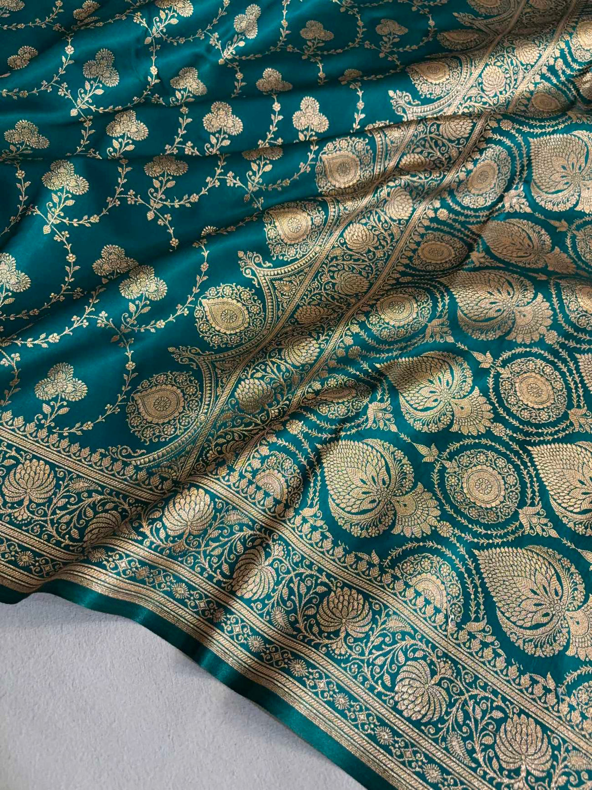 Satin Silk Saree Banarasi Jaal in Rama Green Shades