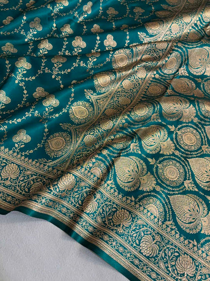 Satin Silk Saree Banarasi Jaal in Rama Green Shades