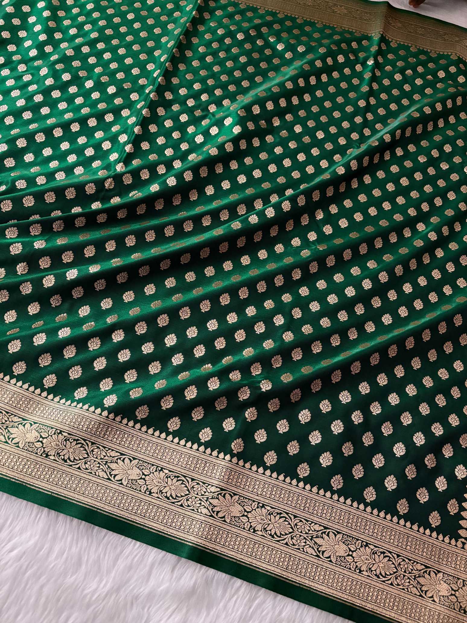 Dark Green Satin Silk Banarasi Motif Saree