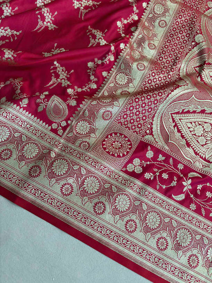 Red Pink Shaded Soft Kataan Silk Banarasi Saree Light Gold Work