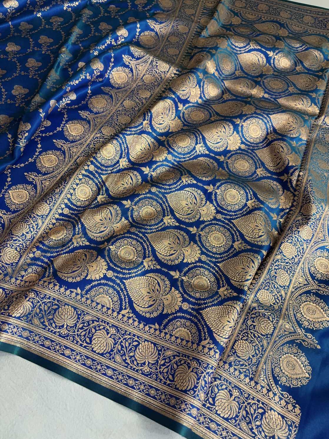 Satin Silk Saree Banarasi Jaal in Peacock blue Shades