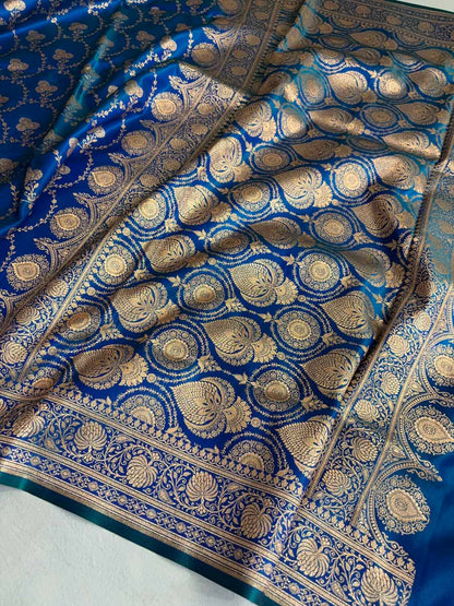 Satin Silk Saree Banarasi Jaal in Peacock blue Shades