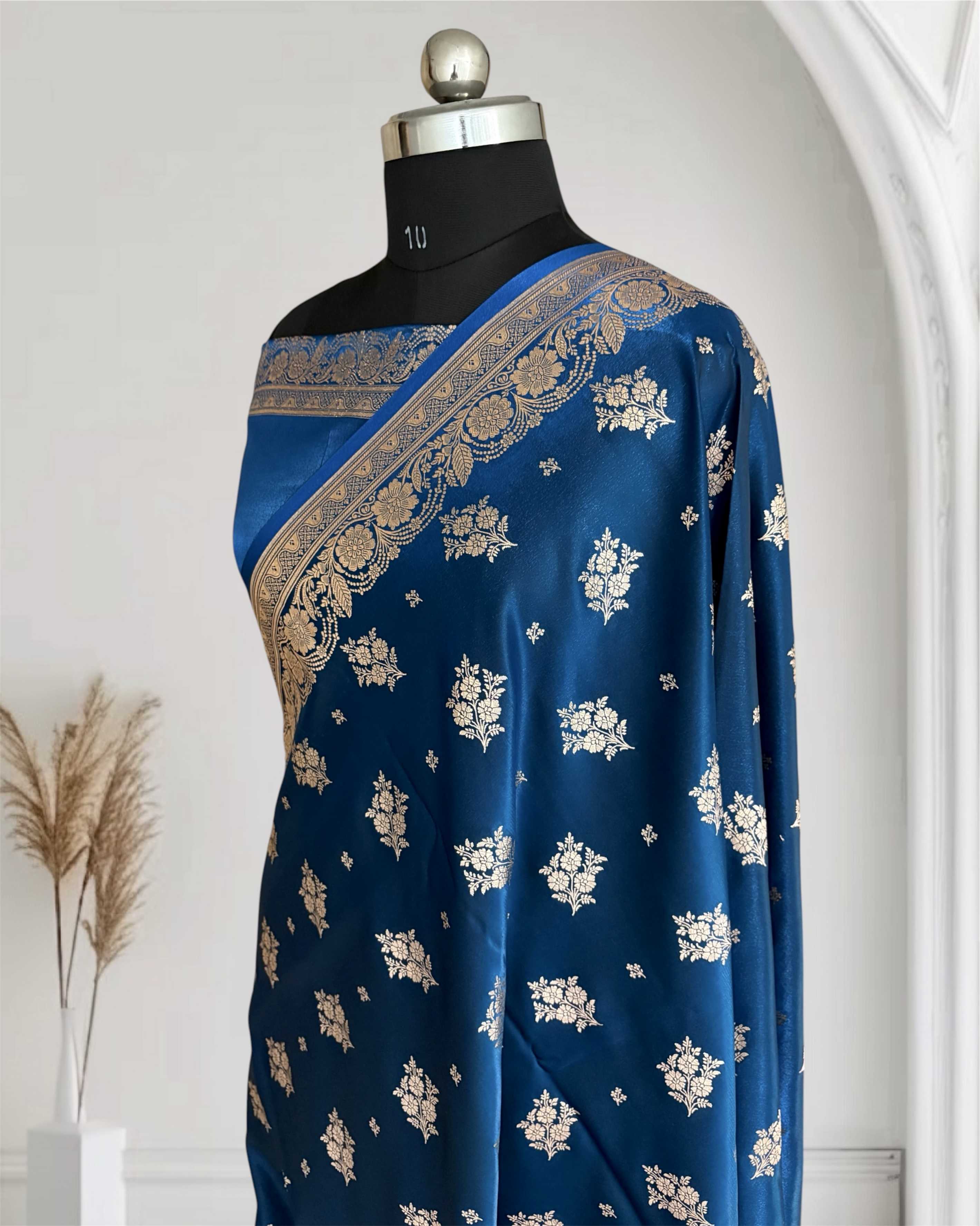 Teal Blue Satin Silk Saree Banarasi Motif