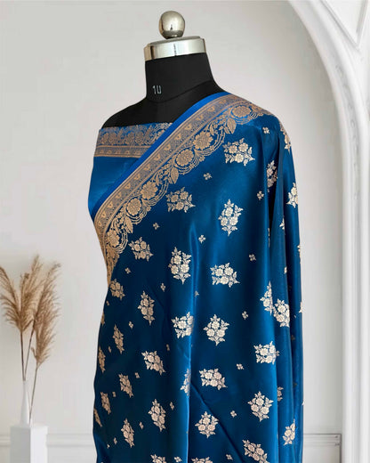 Teal Blue Satin Silk Saree Banarasi Motif