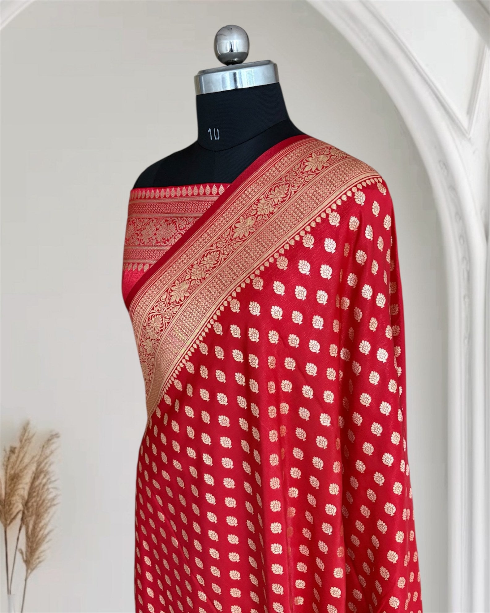 Red Satin Silk Banarasi Motif Saree