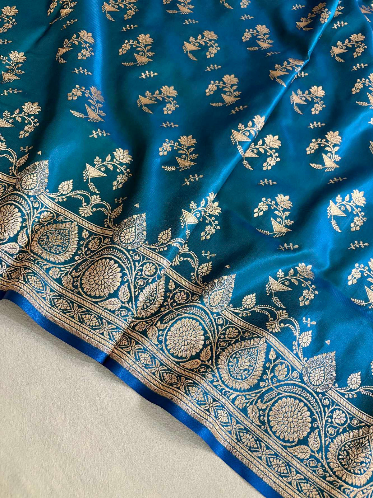Firozi Fancy Motif Satin Silk Banarasi Saree
