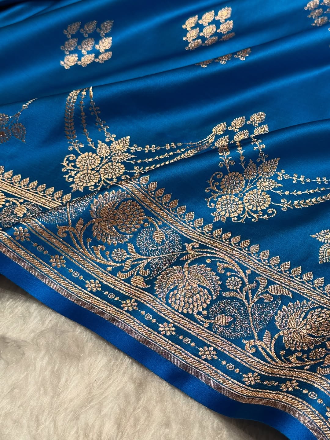 Royal Blue Kataan Silk Banarasi Saree – Light Golden Zari Buti