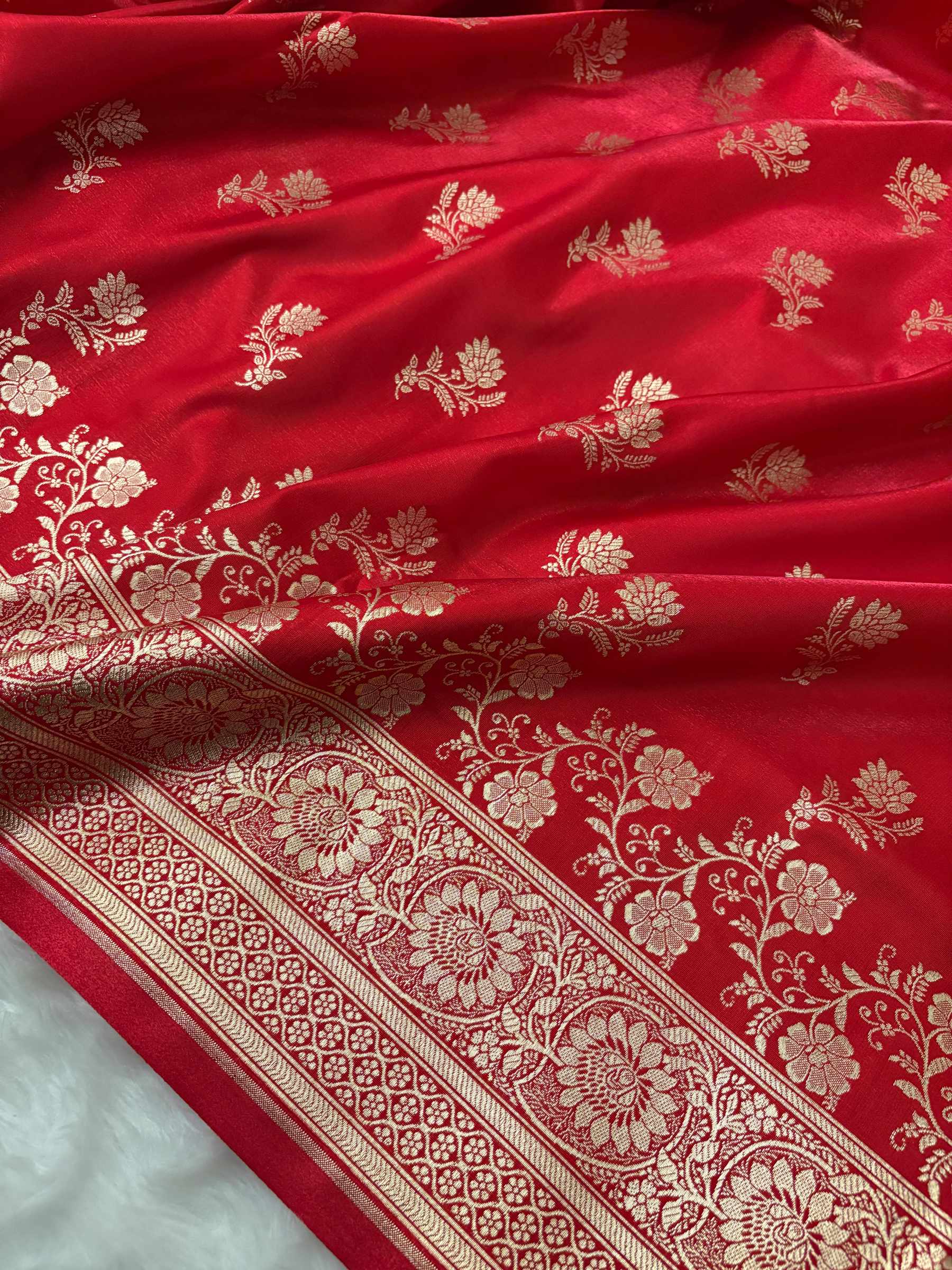 Red with Golden Zari Work and Rose Buti Design Satin Silk Banarasi Saree