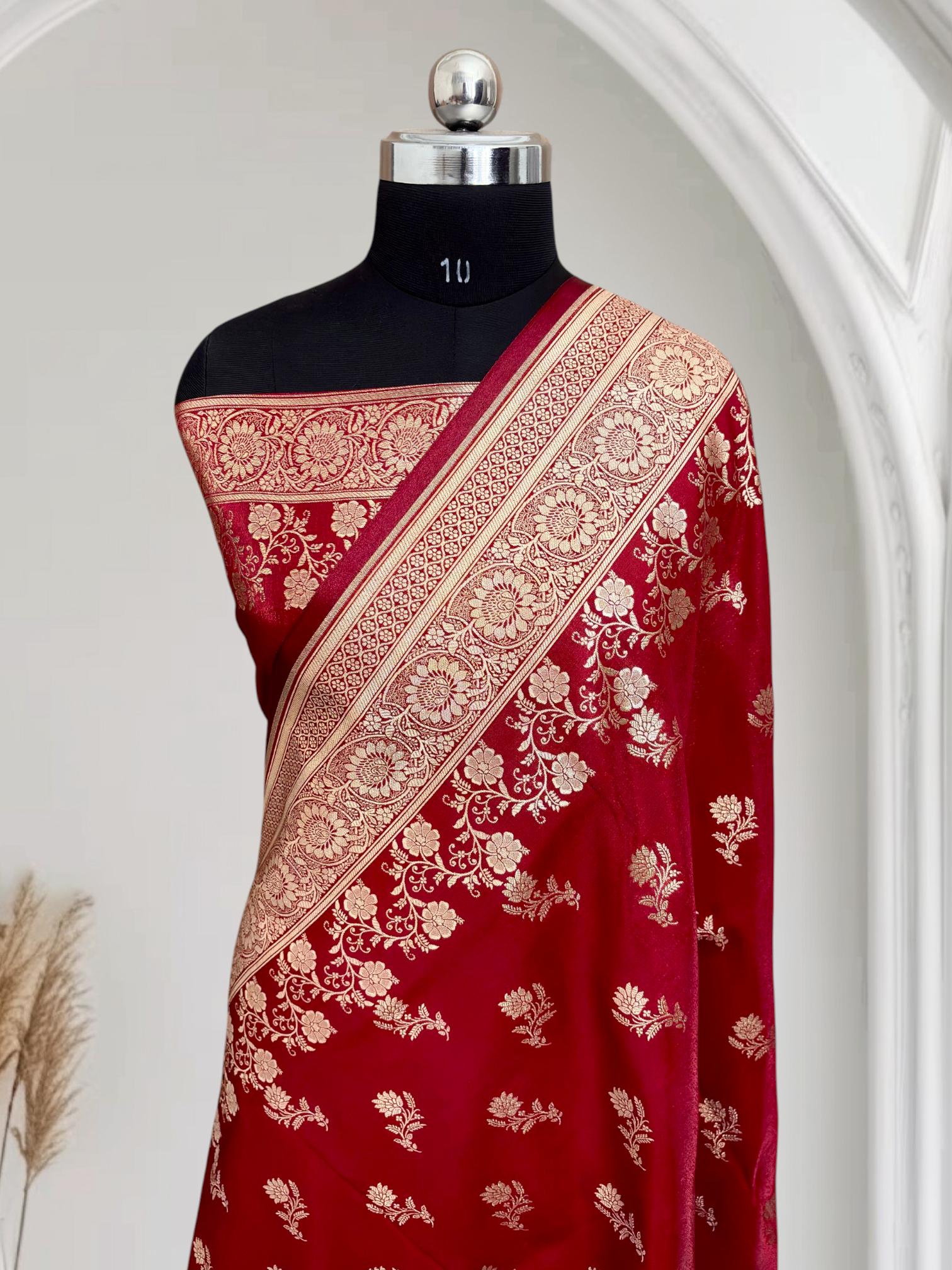 Maroon with Golden Zari Work and Rose Buti Design Satin Silk Banarasi Saree